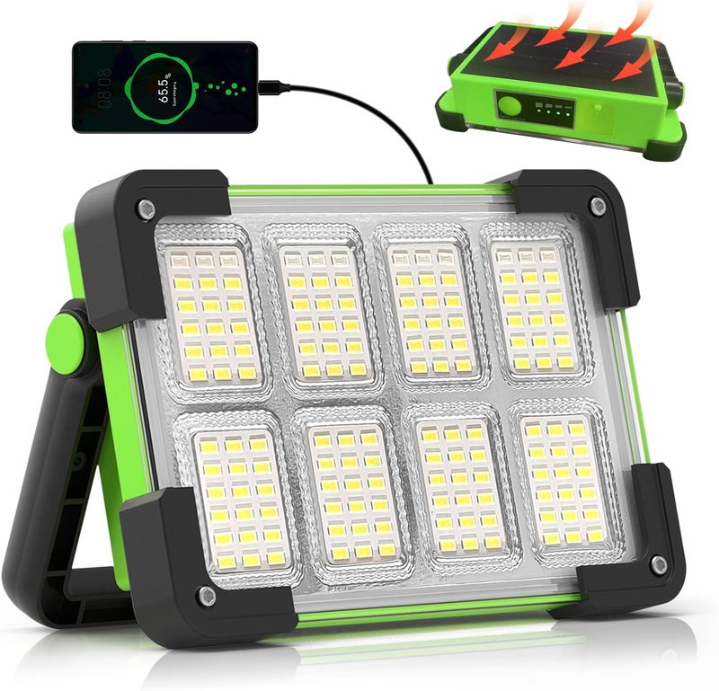 DANCINGBOAR 120W Solar Rechargeable Work Light, 144 LED 10000LM Led Work Light with 4 Modes, Portable Flood Light with Stand, IP66 Waterproof Outdoor Working Light for Emergency Mechanic Camping Repair - Image 1